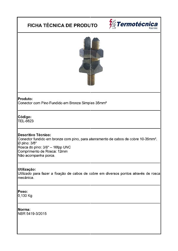 Conector Com Pino 3/8 Fundido Em Bronze 10 – 35Mm2 Tel-6623 Termotécnica