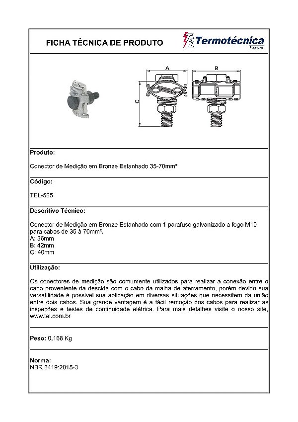 Conector De Medicao Bimetalico – Bronze Estanhado 35 – 70Mm2 Tel-565 Termotécnica