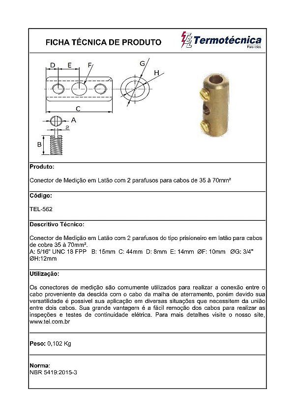 Conector De Medicao Em Latao 2 Parafusos 35 – 70Mm2 Tel-562 Termotécnica