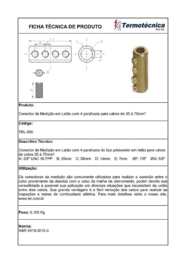 Conector De Medicao Em Latao 4 Parafusos 35 – 70Mm2 Tel-560 Termotécnica