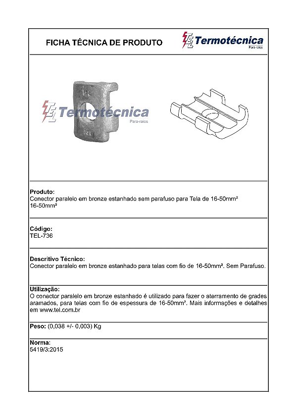 Conector Paralelo Em Bronze Estanhado Sem Parafuso P/ Tel-A 16-50Mm2 Tel-736 Termotécnica