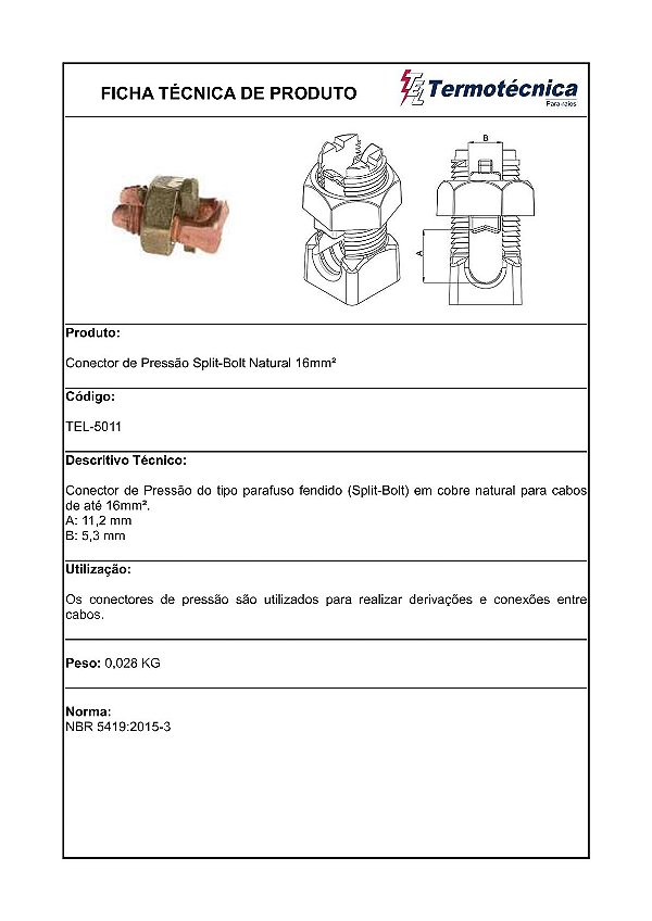 Conector Pressao Split-Bolt 16Mm2 – Acabamento Natural Tel-5011 Termotécnica
