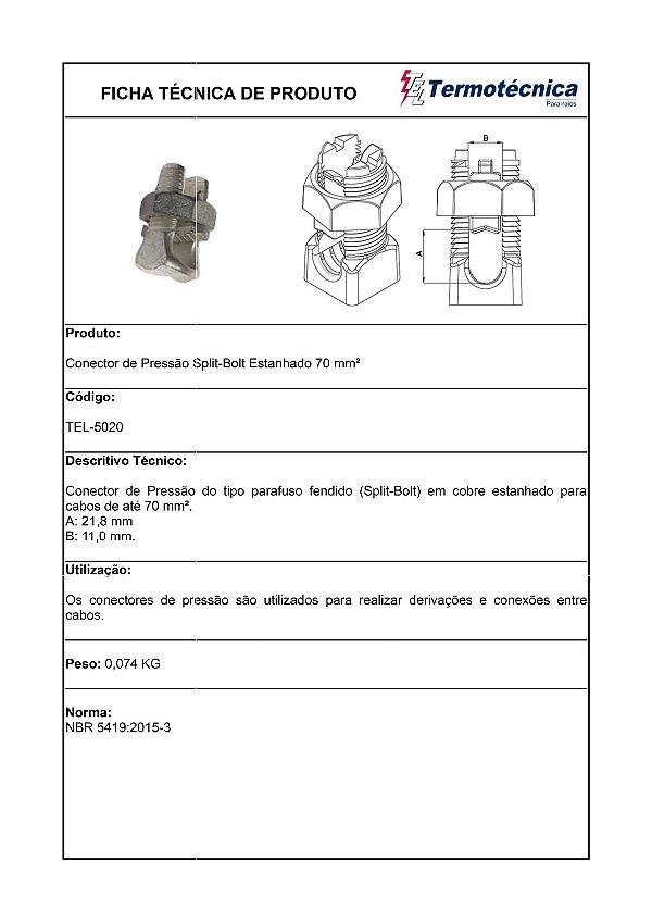 Conector Pressao Split-Bolt 70Mm2 Estanhado Tel-5020 Termotécnica
