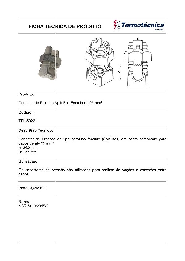 Conector Pressao Split-Bolt 95Mm2 - Acabamento Estanhado Tel-5022 Termotécnica