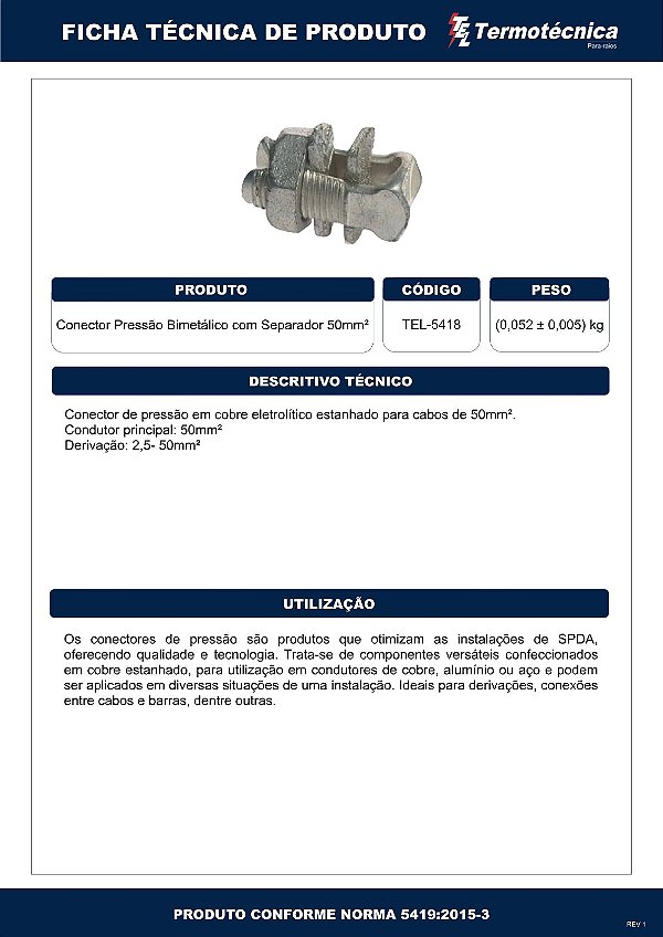 Conector Pressao Split-Bolt Bimetalico 50Mm2 – Acabamento Estanhado Tel-5418 Termotécnica
