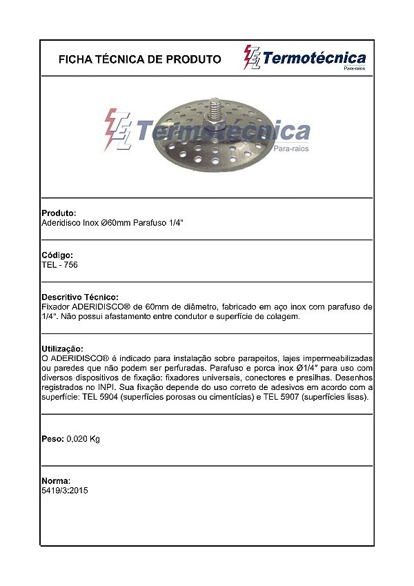 Aderidisco Inox Diametro 60Mm Parafuso E Porca 1/4 Pol. Em Inox Tel-756 Termotécnica