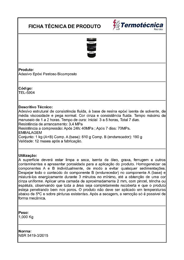Adesivo.Epoxi. Media Viscosidade Bicomposto Para Superficies Porosas 1Kg Tel-5904 Termotécnica