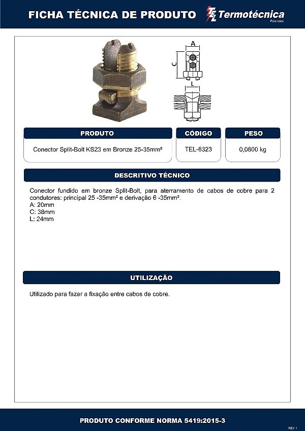 Conector Split-Bolt Fundido Em Bronze 25 – 35Mm2 Tel-6323 Termotécnica