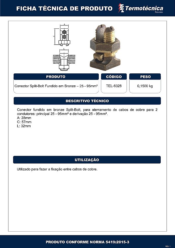 Conector Split-Bolt Fundido Em Bronze 25 – 95Mm2 Tel-6328 Termotécnica