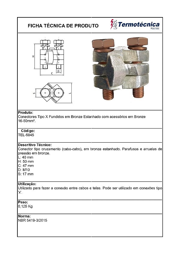 Conector Tipo X Em Bronze Estanhado Com Acessorios Em Bronze 16 – 50Mm2 Tel-6845 Termotécnica