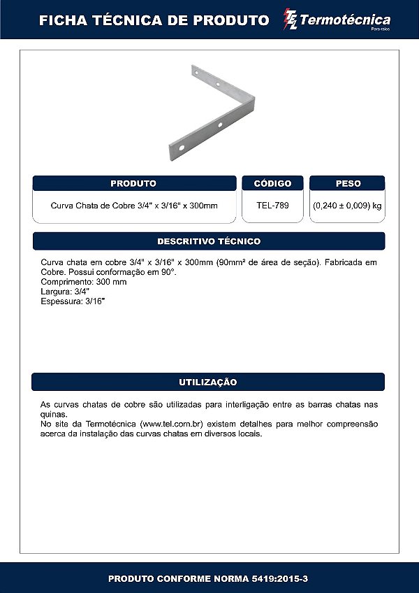 Curva 90 Graus De Barra Chata Em Cobre 3/4 X 3/16 X 300Mm – 90Mm2 Tel-789 Termotécnica