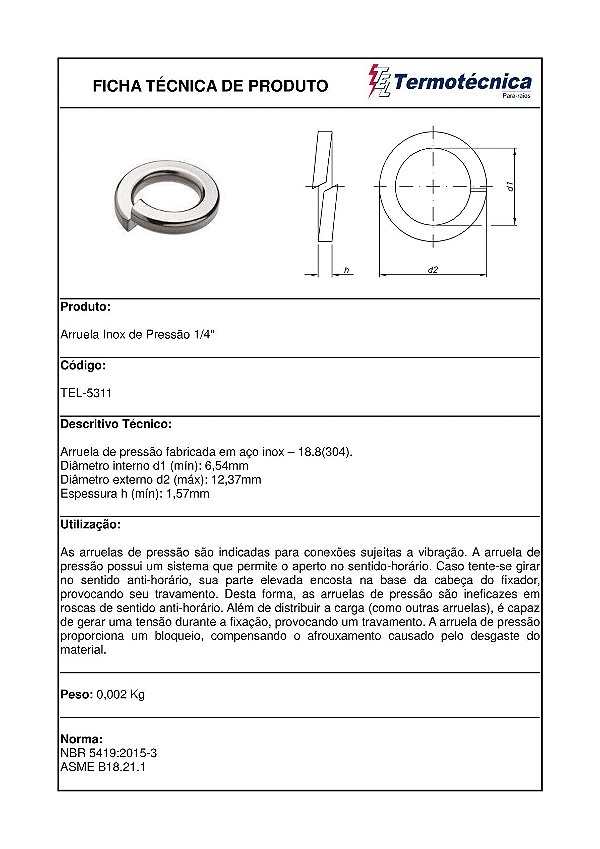 Arruela De Pressao Em Aco Inox Diam. 1/4 Pol. Tel-5311 Termotécnica