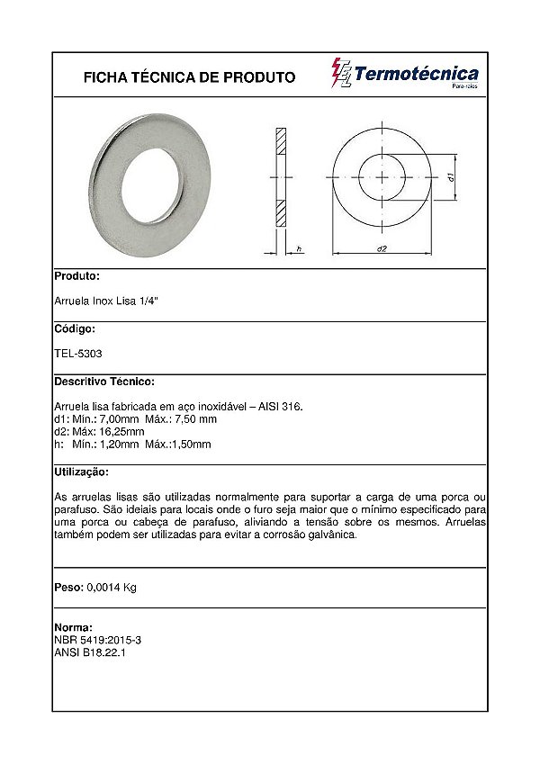Arruela Lisa Em Aco Inox 1/4 Pol. Tel-5303 Termotécnica