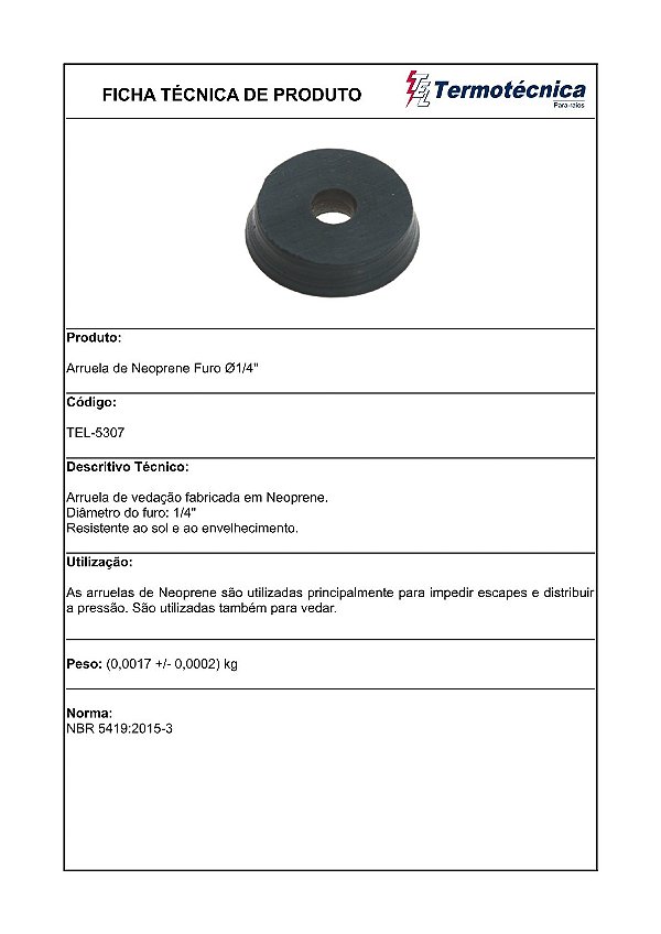 Arruela Neoprene Furo Diam. 1/4 Pol. Tel-5307 Termotécnica
