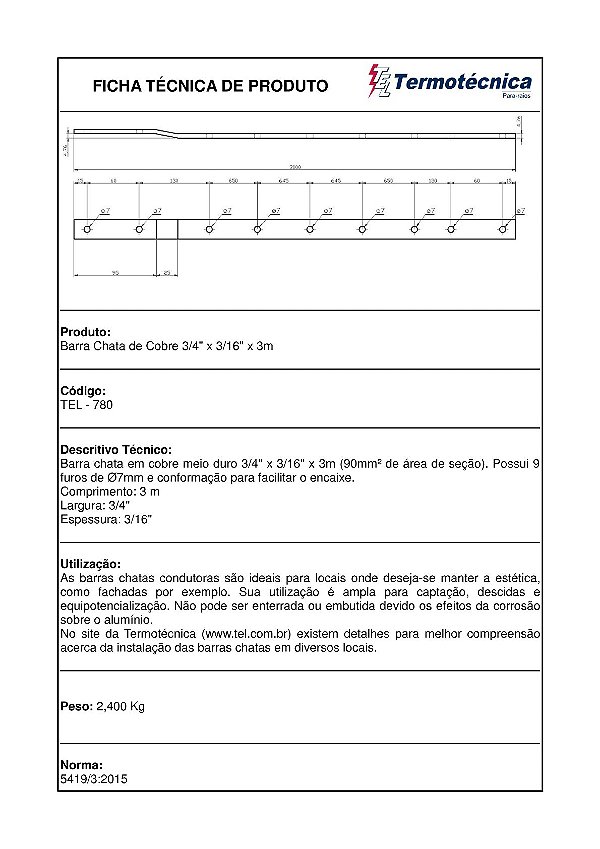 Barra Chata Condutora Em Cobre Com Furos 3/4 X 3/16 X 3M – 90Mm2 Tel-780 Termotécnica