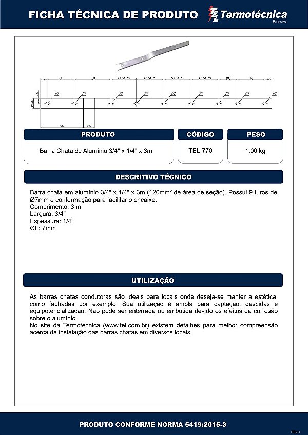 Barra Chata De Aluminio Furada 3/4 X 1/4 X 3M – 120Mm2 Tel-770 Termotécnica