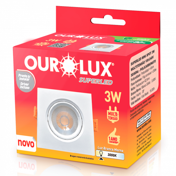 Luminária Superled Mini-Spot Quadrado 3W 3000K Branco 05613 Ourolux