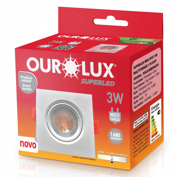 Luminária Superled Mini-Spot Quadrado 3W 4000K Branco 05612A Ourolux