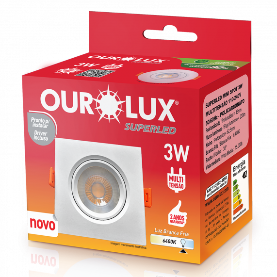 Luminária Superled Mini-Spot Quadrado 3W 6400K Branco 05612 Ourolux