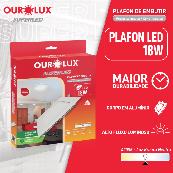 Luminária Tipo Plafon Led Embutir 18W 127/220V 4000K Quadrado 03207B Ourolux