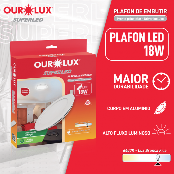 Luminária Tipo Plafon Led Embutir 18W 127/220V 6500K Redondo 03206 Ourolux