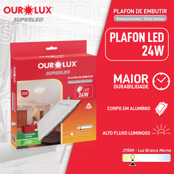 Luminária Tipo Plafon Led Embutir 24W 127/220V 2700K Quadrado 03205A Ourolux