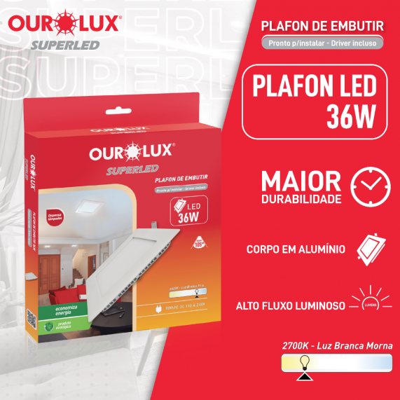 Luminária Tipo Plafon Led Embutir 36W 127/220V 2700K Quadrado 03203A Ourolux