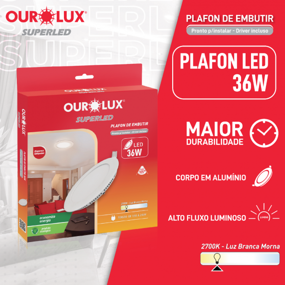 Luminária Tipo Plafon Led Embutir 36W 127/220V 2700K Redondo 03202A Ourolux