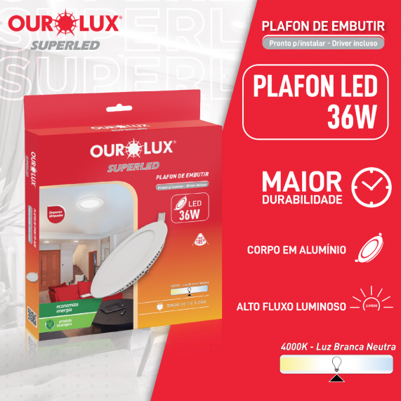 Luminária Tipo Plafon Led Embutir 36W 127/220V 4000K Redondo 03202B Ourolux