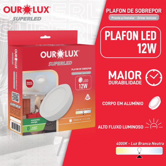 Luminária Tipo Plafon Led Sobrepor 12W 127/220V 4000K Redondo 03216B Ourolux