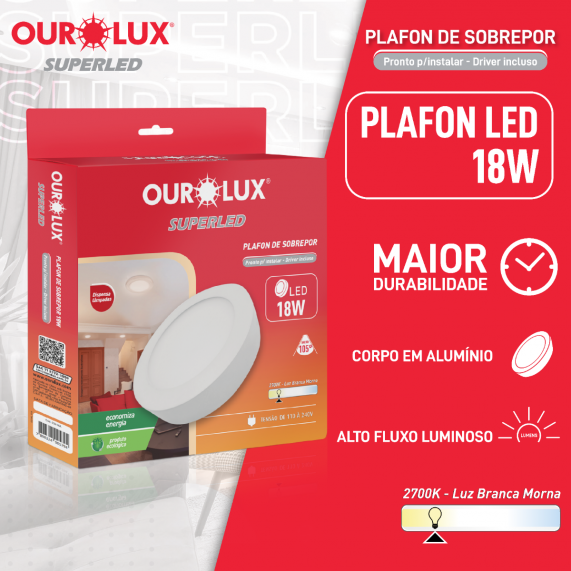 Luminária Tipo Plafon Led Sobrepor 18W 127/220V 2700K Redondo 03214A Ourolux