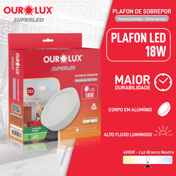Luminária Tipo Plafon Led Sobrepor 18W 127/220V 4000K Redondo 03214B Ourolux