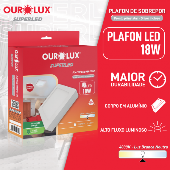 Luminária Tipo Plafon Led Sobrepor 18W Biv4000K Quadrado 03215B Ourolux