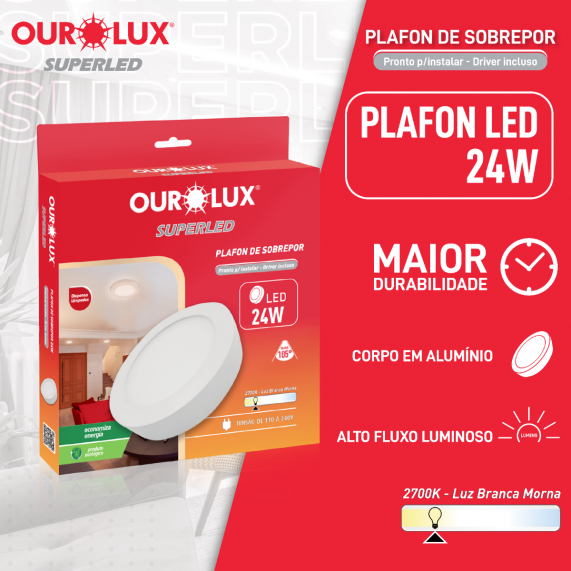 Luminária Tipo Plafon Led Sobrepor 24W 127/220V 2700K Redondo 03212A Ourolux