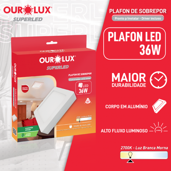 Luminária Tipo Plafon Led Sobrepor 36W 127/220V 2700K Quadrado 03211A Ourolux