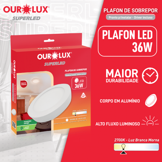 Luminária Tipo Plafon Led Sobrepor 36W 127/220V 2700K Redondo 03210A Ourolux