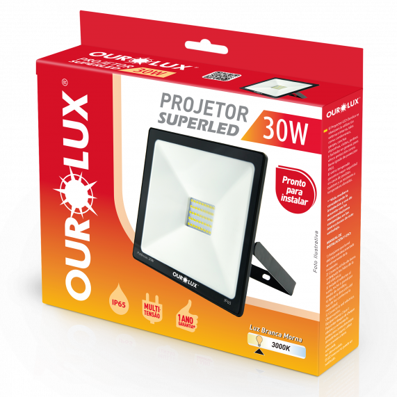 Projetor Led Slim 30W 127/220V Preto 3000K 03271 Ourolux