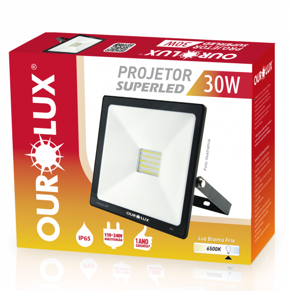 Projetor Led Slim 30W 127/220V Preto 6500K 03263 Ourolux