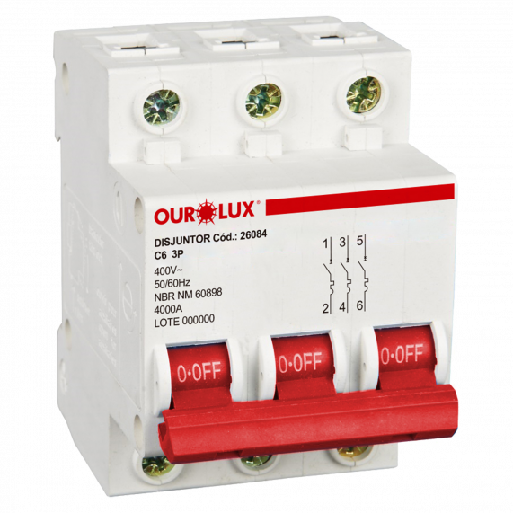 Disjuntor Tripolar 6A Tipo C 26084 Ourolux