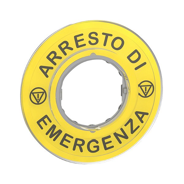 Legend, Plastic, Yellow, Ø90, For Emergency Stop, Marked Arresto De Emergenza With Logo Iso13852 ZBY9620 SCHNEIDER