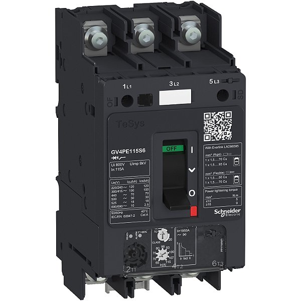 Motor Circuit Breaker, Tesys Gv4, 3P, 2A, Icu 100Ka, Thermal Magnetic, Lugs Terminals GV4PE02S6 SCHNEIDER