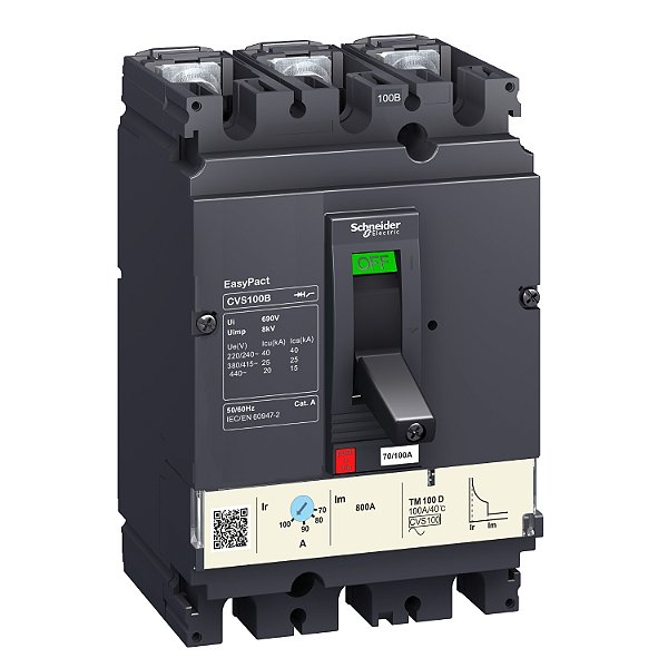 Circuit Breaker Easypact Cvs100B, 25 Ka At 415 Vac, 100 A Rating Thermal Magnetic Tm-D Trip Unit, 3P 3D LV510307 SCHNEIDER
