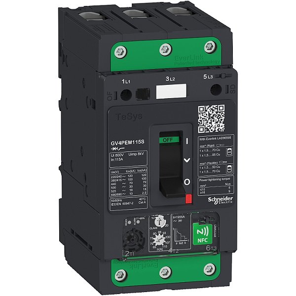Motor Circuit Breaker, Tesys Gv4, 3P, 2A, Icu 100Ka, Thermal Magnetic Multifunction, Everlink Terminals GV4PEM02S SCHNEIDER