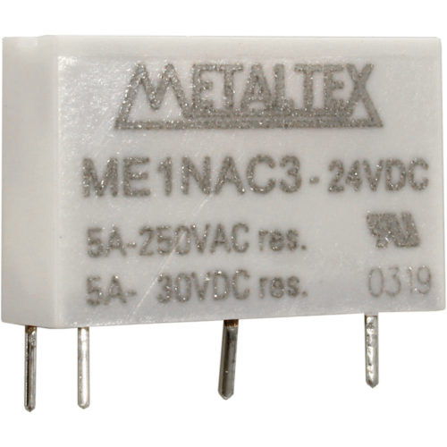 RELÉ MINIATURA DE POTÊNCIA (LARGURA 5MM), 1 CONTATO NA, TENSÃO DE BOBINA 24 VCC, CAPACIDADE DE 5 AMPERES, TERMINAIS PARA PCI ME1NAC3 METALTEX