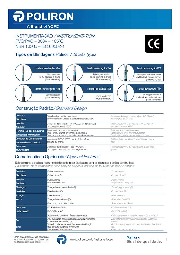 Cabo De Instrumentação Tipo Ma Pvc/E 70 °C 300V 1 Par 0,75 Mm² Blindagem: Fita De Alumínio E Dreno Poliron 275MAFR