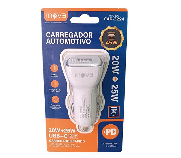 CAR-3224 CARREGADOR VEICULAR 45W INOVA