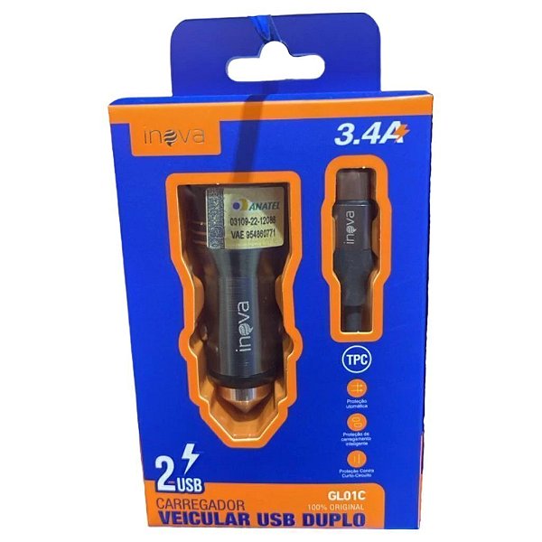 GL01C CARREGADOR VEICULAR TIPO C 3.4A INOVA