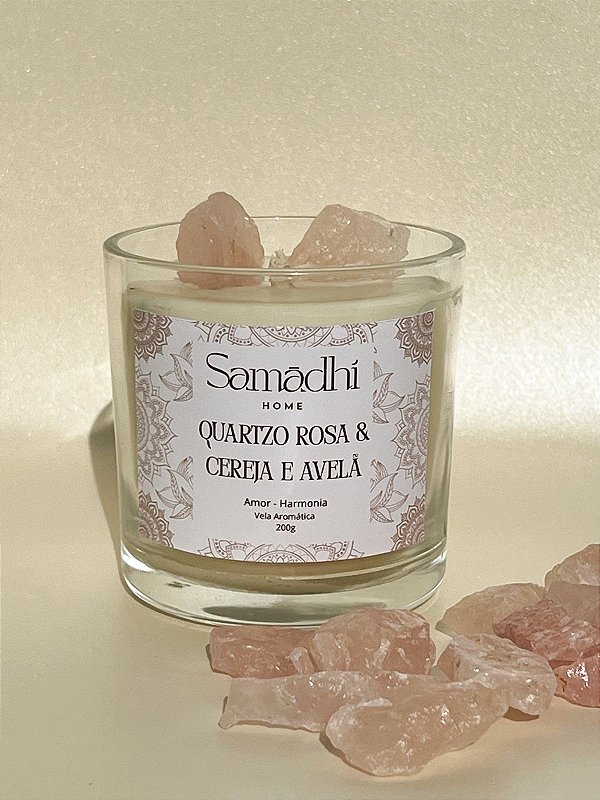 Vela Aromática com Cristais - Quartzo Rosa e Cereja e Avelã - Amor