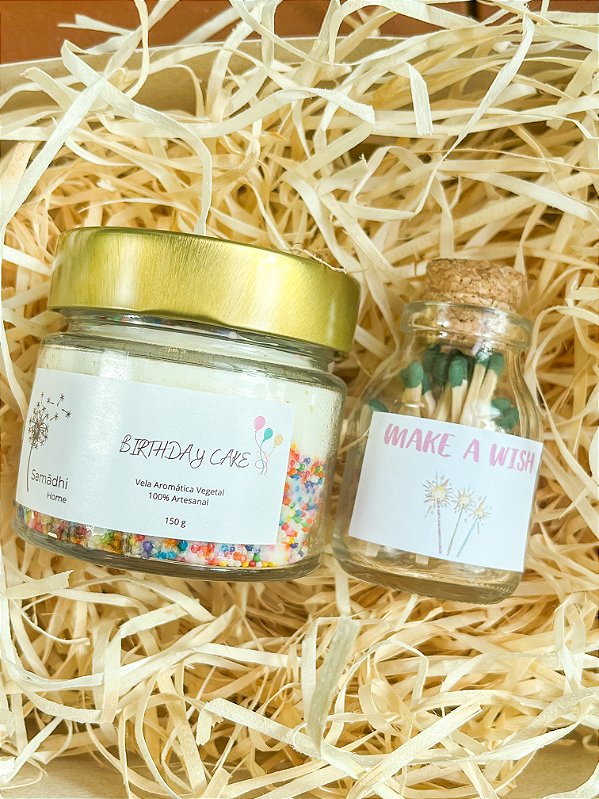 Kit Presente vela Aromática Birthday Cake + Vidro de fósforo