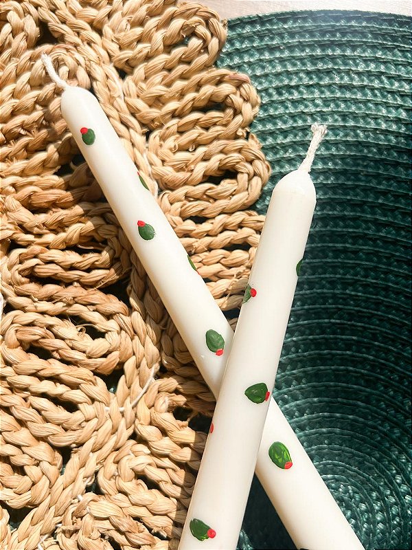 Dupla Vela Castiçal Azeitona - Pintada à mão